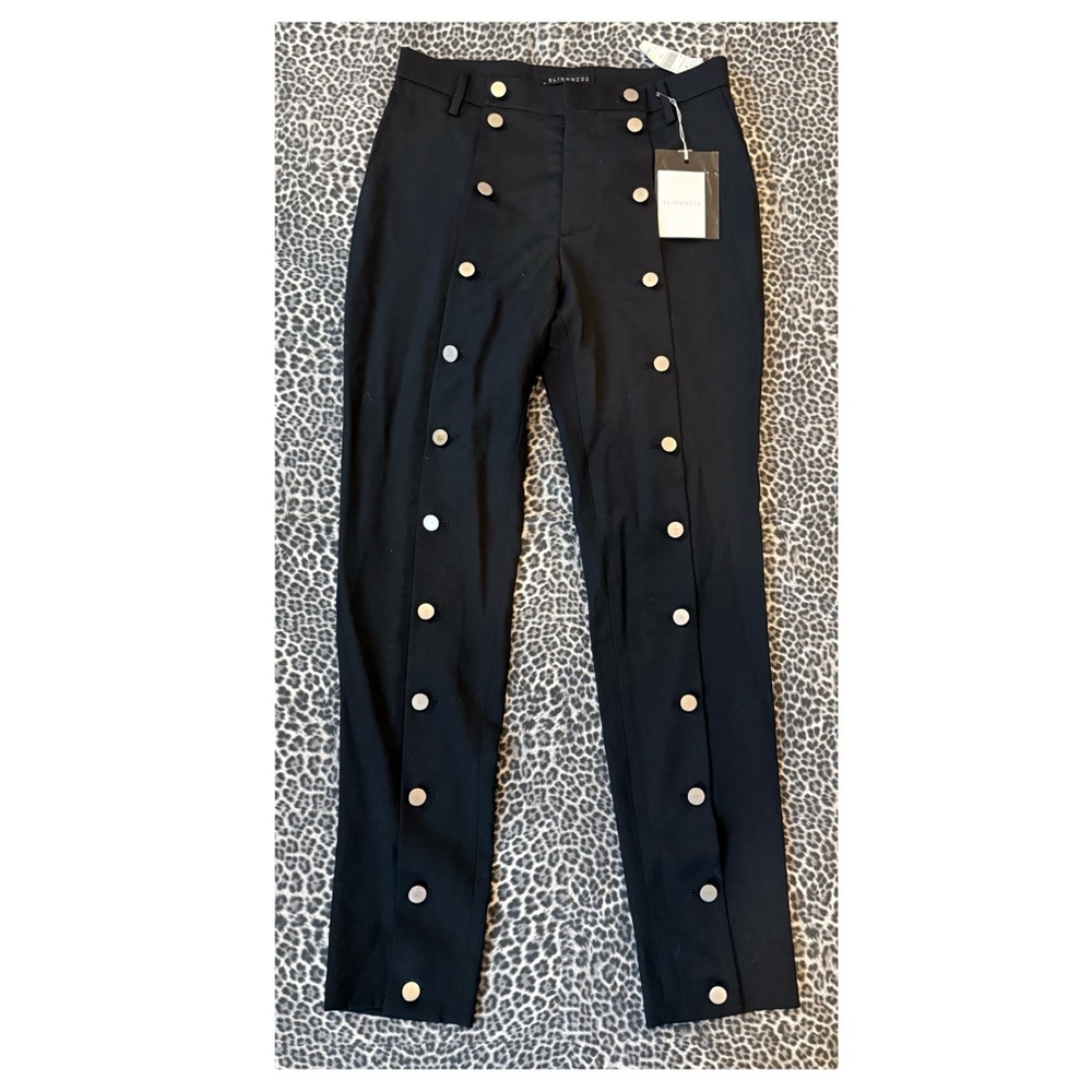 Barneys New York Black Straight Leg Jumpsuit-Style Pants with Gold Buttons